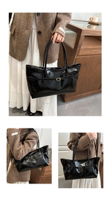 Detail view showing black patent leather tote bag with gold buckle and slim double straps
