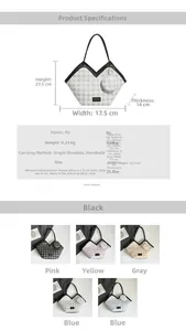 Detailed view of plaid tote bag specifications, PU material details, and size chart