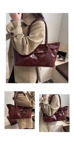 Detailed views of a dark red glossy tote bag with stylish metal buckle and long shoulder strap