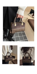 Detail of dark brown retro tote bag featuring mixed textures and woven rope handle