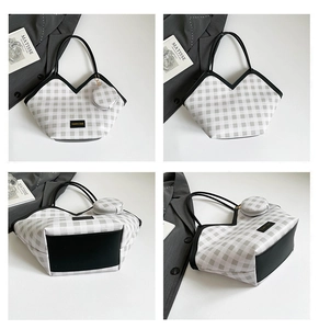 Detail showing checkered tote bag with matching coin purse and structure from multiple angles