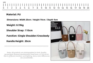 Detailed size specifications for a stylish PU bucket bag with six color options shown