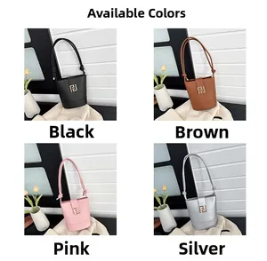 Group view of four stylish bucket bags with metal turn-lock in black, brown, pink, and silver