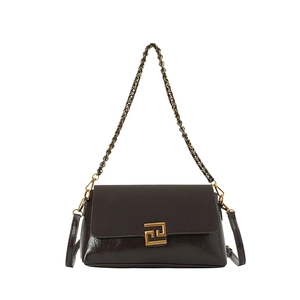 Premium dark brown shoulder bag with chain strap and gold geometric buckle details