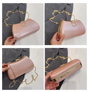 Multi-angle details of pink glitter evening bag with gold chain and rhinestone buckle