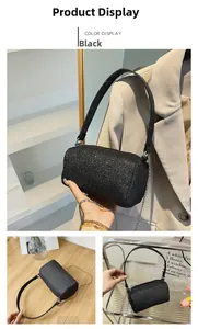 Détail du sac seau noir pailleté avec bandoulière chaîne argentée et anse large
