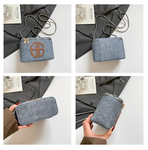 Multiple views showing the front, back, bottom and side of the blue denim mini bag