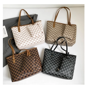 Set of four checkered tote bags in white, beige, brown, and black with small pouches