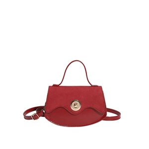 Retro dark red saddle handbag with wave flap design and gold lock on white background