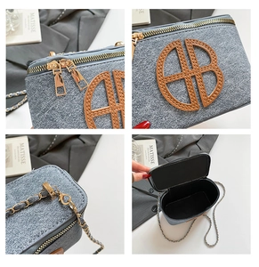 Detailed views of denim crossbody bag with BB leather patch and golden chain strap