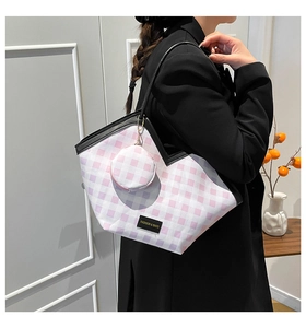 Detail of pink plaid tote bag with matching round mini purse and black shoulder strap