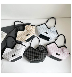 Collection of plaid tote bags in five colors with matching round coin purses