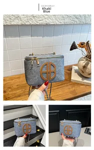 Detail of khaki blue textured fabric crossbody bag with chain strap in various scenes