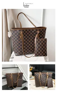 Detail view of coffee checkered tote bag set with matching small square pouch