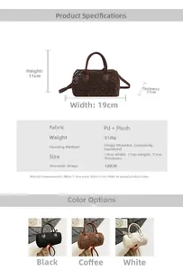 Dimensions détaillées du sac cylindrique en peluche avec coutures PU et longueur de bandoulière