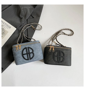Detail view of denim and leather mini crossbody bags with BB logo and chain straps