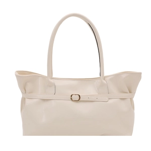 Minimalist cream tote bag with gold oval buckle and twin handles for daily commute