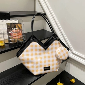 Large plaid tote bag with yellow check pattern and black handles for women's daily commute