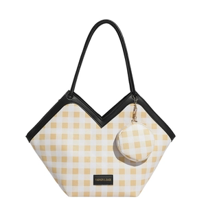 Yellow and white checkered tote bag with matching coin purse and top handles