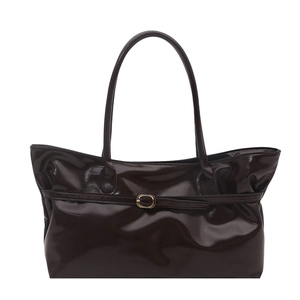Retro dark brown patent leather shoulder bag with glossy finish and gold buckle