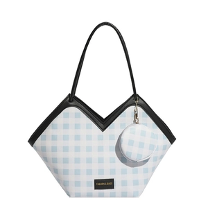 Blue gingham tote bag with black leather trim and matching round coin purse charm