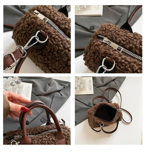 Detail view of brown faux shearling mini bag with leather handles and silver hardware