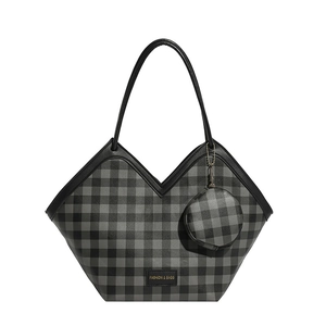 Large checkered tote bag with matching mini round pouch and V-shaped top design
