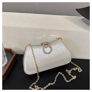 Sparkling silver sequin evening bag with gold metal chain and rhinestone buckle
