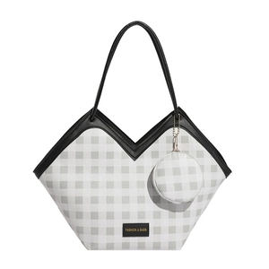 Plaid tote bag with V-shaped edge, black leather straps and mini round coin purse