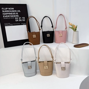 Fashion Women PU Leather Bucket Bag With Geometric Metal Buckle Knot Strap Retro Simple Crossbody Shoulder Handbag