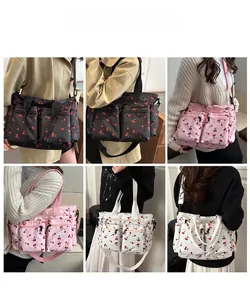 Collage of models wearing large corduroy tote bags in black, pink, and white styles