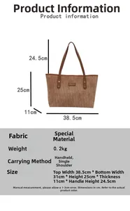 Guida alle taglie per borsa tote minimalista con misure di altezza, larghezza e manico
