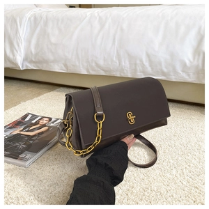 Close-up of dark brown leather crossbody bag with gold chain and geometric clasp detail