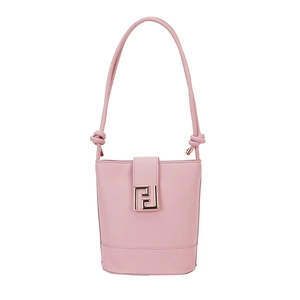 Pink bucket bag with gold geometric buckle and knotted shoulder strap in minimalist style