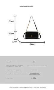 Size chart showing 26x13x12cm dimensions for this chic black PU leather chain handbag