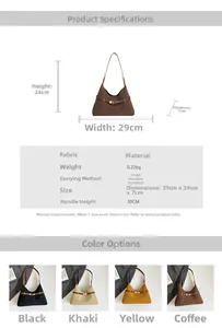 Detailed size specifications for the vintage suede tote bag with four color options