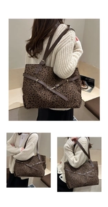 Three-way view of a large leopard print tote bag with brown leather straps for commuting