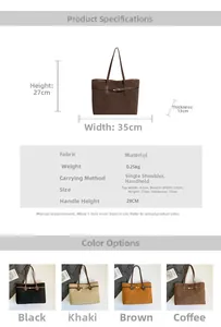 Infographic showing dimensions and four color options for the large suede tote bag