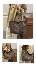 Three-angle view of a vintage leopard print tote bag with brown leather straps and buckle