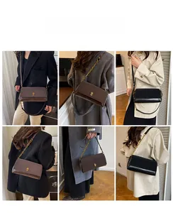 Chic saddle crossbody bag with gold-tone hardware and adjustable strap on a female model