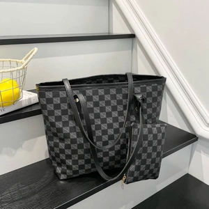 Retro geometric checkerboard tote bag set with matching pouch and shoulder straps