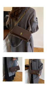 Detail shots showing the brown leather crossbody bag with gold buckle on a model in a coat