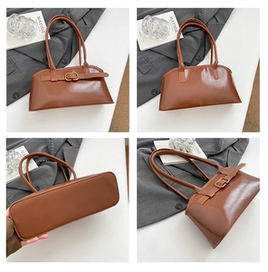 Vue détaillée sous quatre angles d'un sac à main vintage marron avec boucle métallique chic