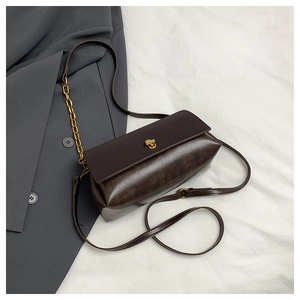 Detail of dark brown vintage shoulder bag with gold chain strap and metallic clasp