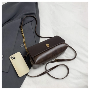 Detailed top view of retro dark brown handbag with golden turn-lock on white background