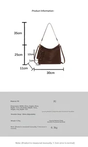 Infographic showing dimensions and adjustable strap of the brown PU leather tote bag