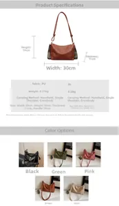Detailed size chart and multi-color options for the large PU leather crossbody tote bag
