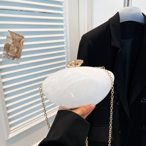 White marble pattern acrylic evening clutch bag with gold chain and spherical clasp