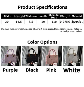 Detail view of star-patterned square handbag in four colors with dimensions table