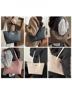 Detailed views of multi-color printed PU leather tote bags with checkerboard pattern